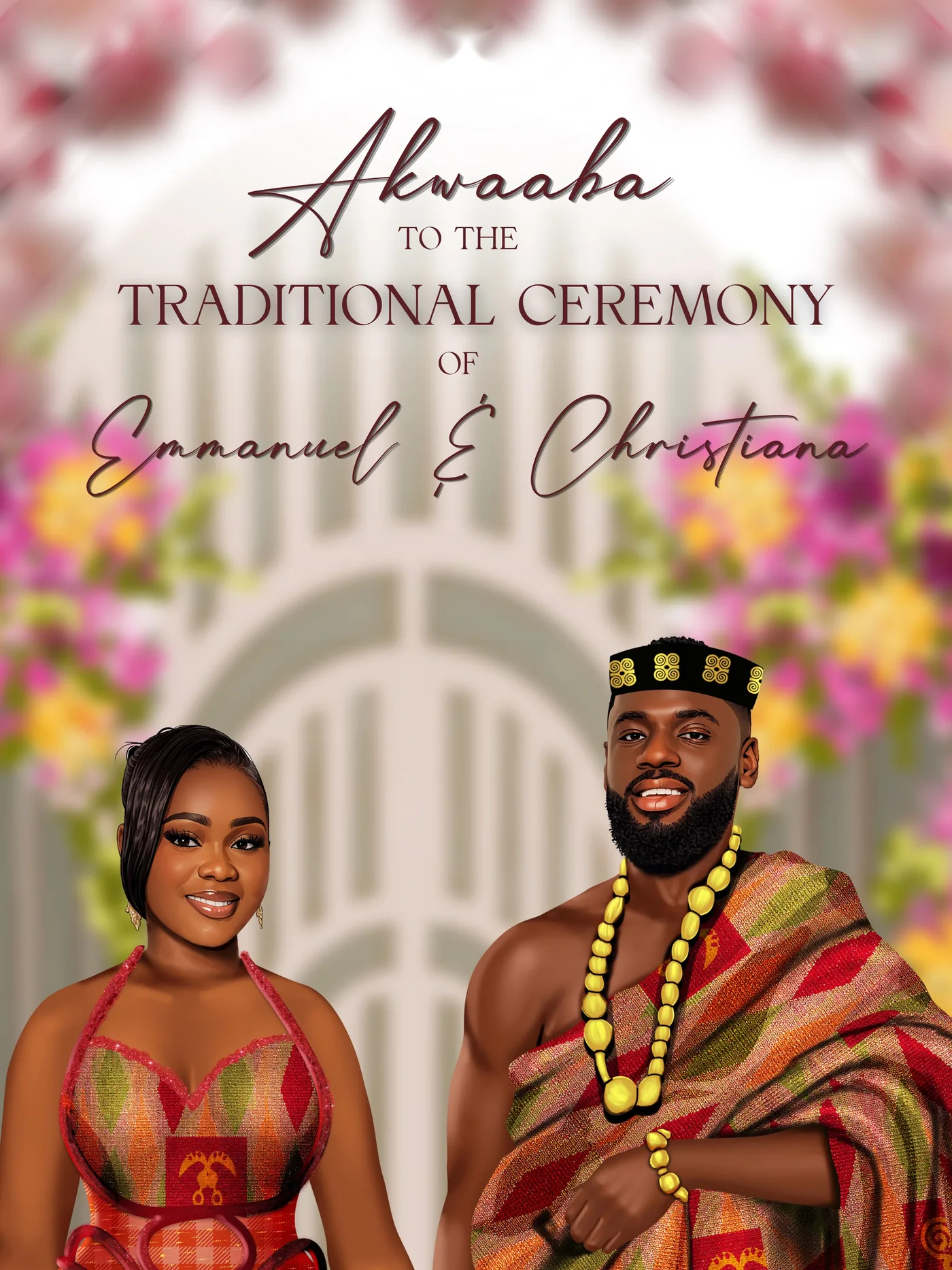 Illustrated Akwaaba banner of Emmanuel and Christiana in kente, framed by flowers