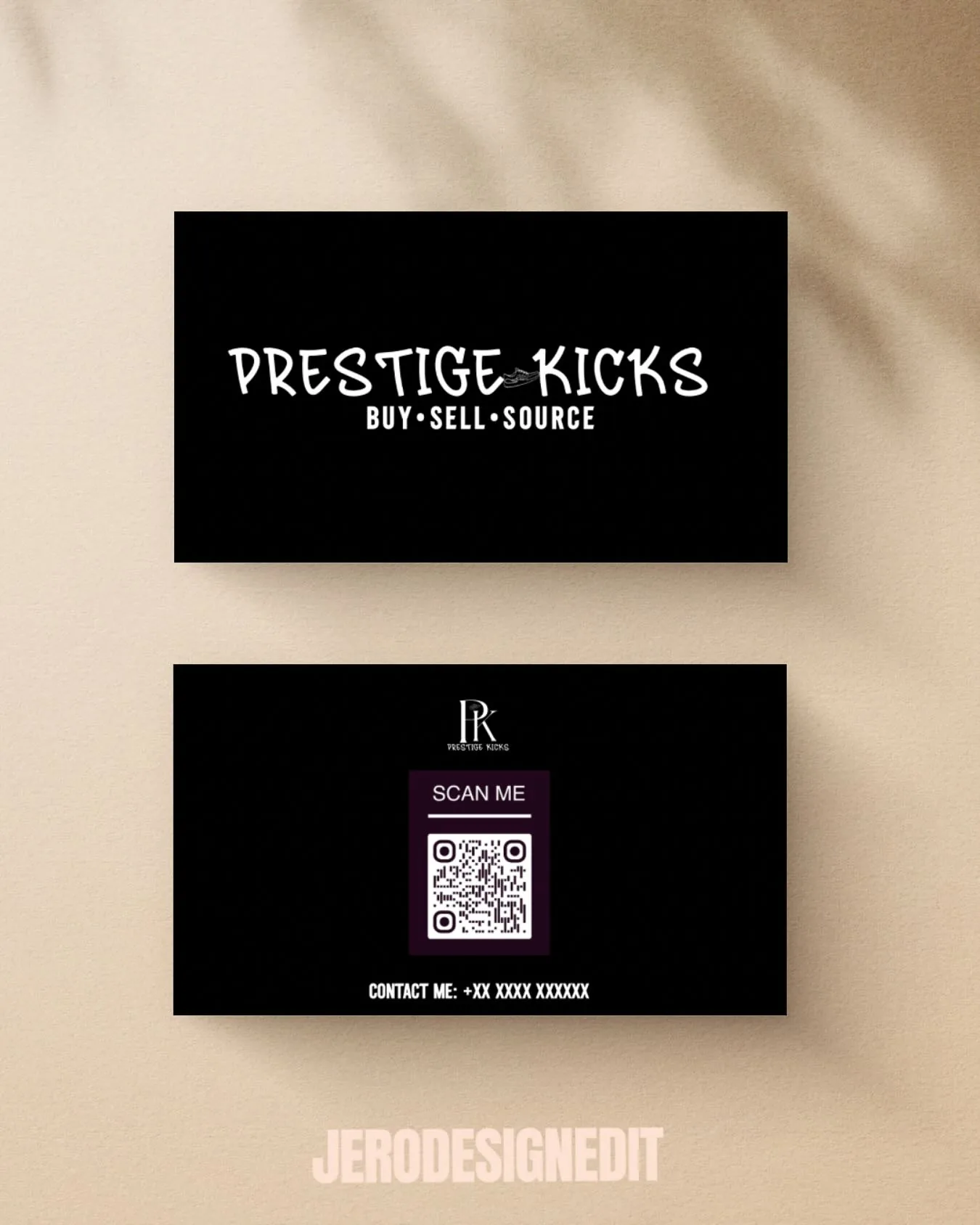 Black business cards for Prestige Kicks with logo and QR code