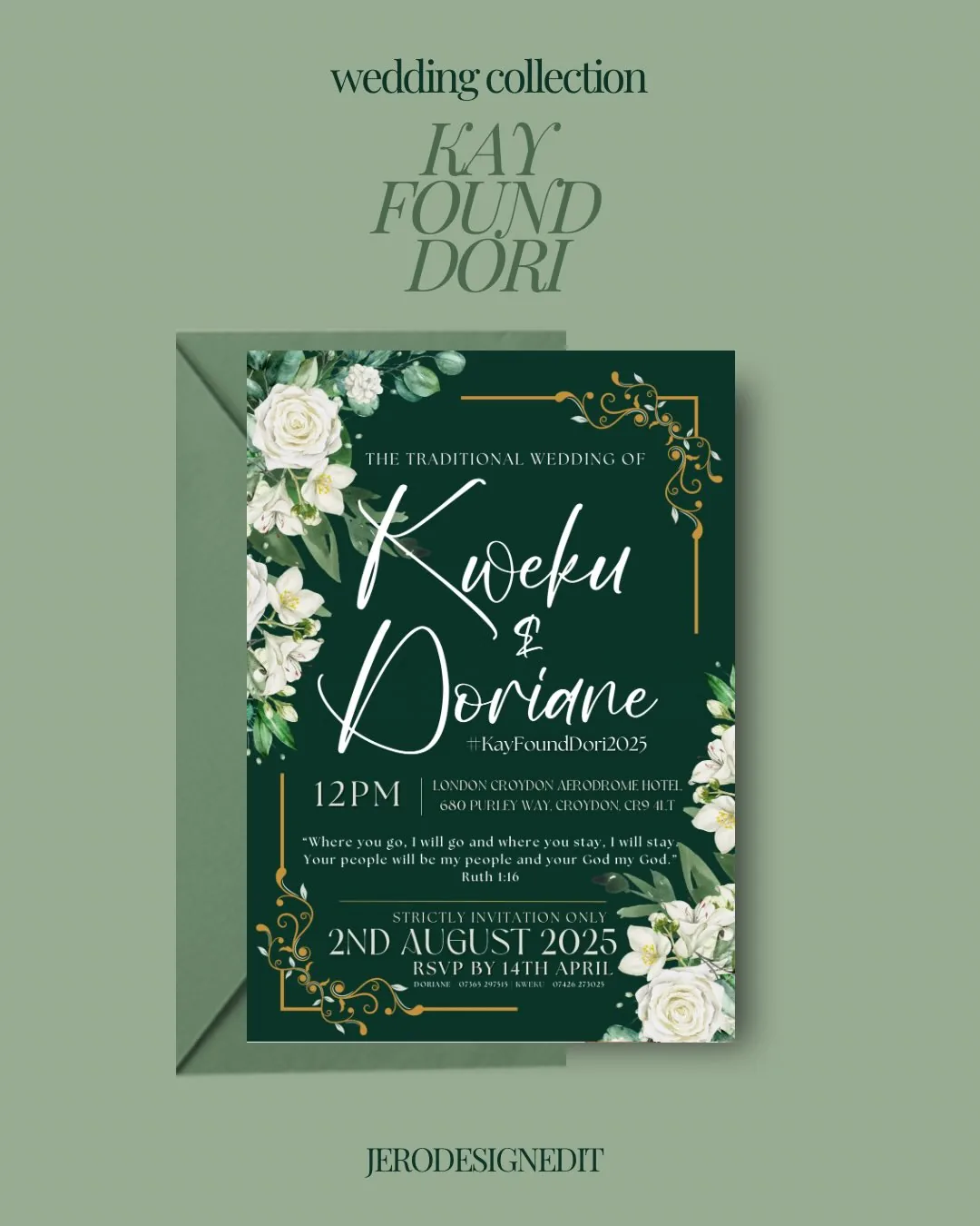 A printed wedding invitation designed by JDI